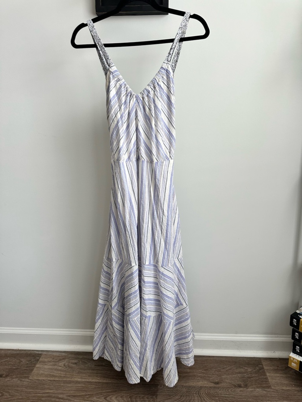 La Vie Rebecca Taylor Blue & White Striped Midi Dress | V-Neck Flowy Sundress - Picture 2 of 16